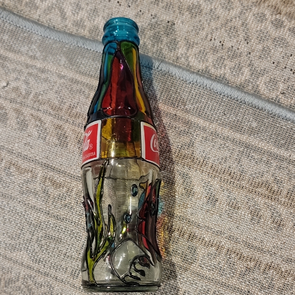 Coca Cola Glass Art Bottle with Red and Blue Accents - Picture 5 of 6